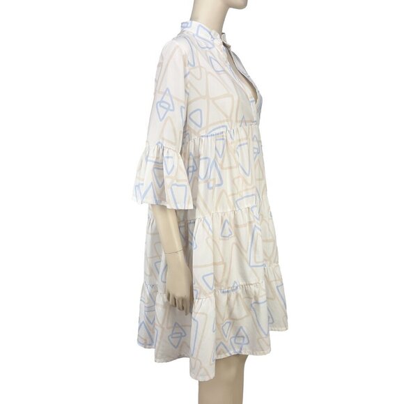 UCHUU Designer Mtl Flounce 3/4 sleeves Summer Geometric Pattern White Dress 2 - Picture 2 of 8